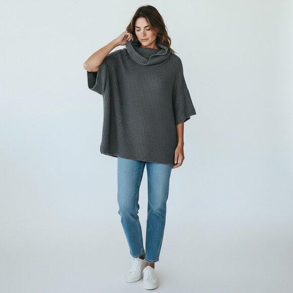 Pact Oversized Gray Cowl Neck Knit Poncho Sweater, One Size - Picture 1 of 9